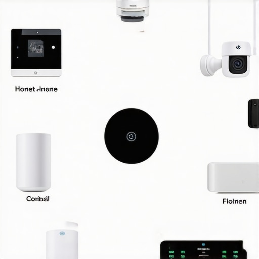 Modern smart home with interconnected devices controlling lighting, security, and climate.