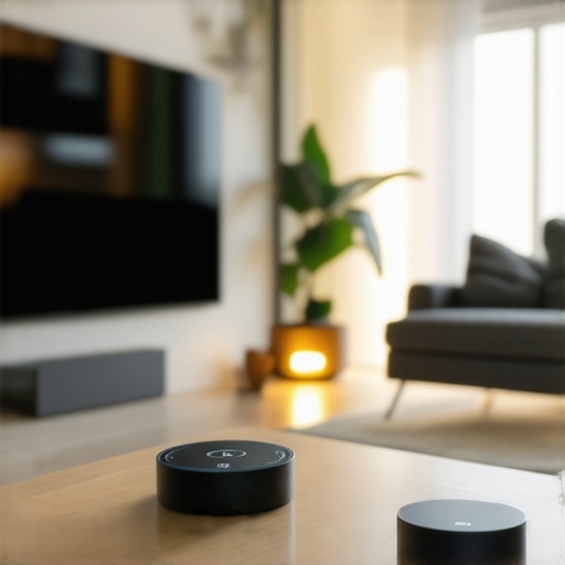 Living room with smart speakers, display, and lighting automation