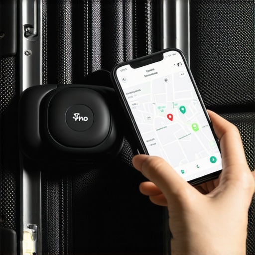 Person configuring a GPS tracker on their luggage with a smartphone app.