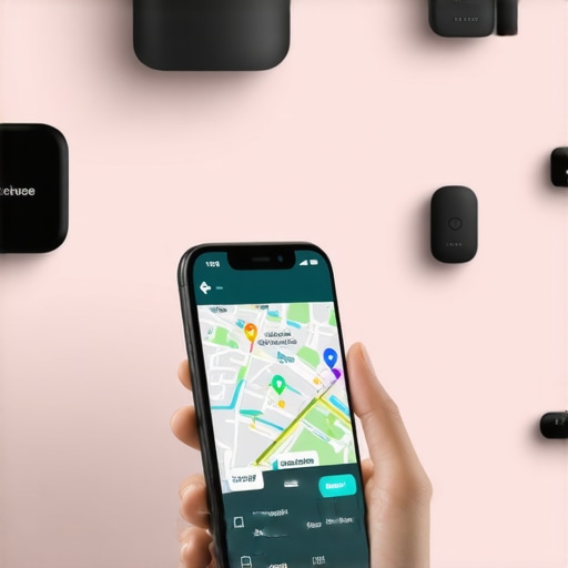 Person configuring a GPS tracker app on smartphone surrounded by smart home devices.