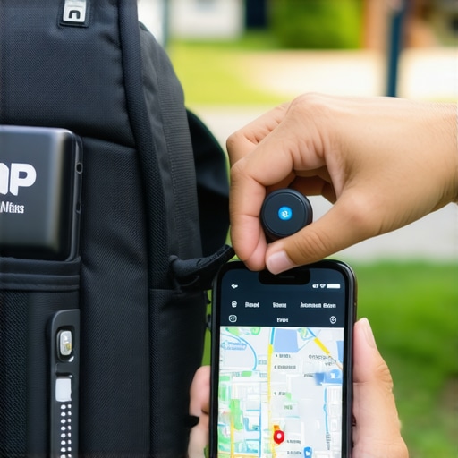 Person configuring a GPS tracker on a backpack with a smartphone showing location data.