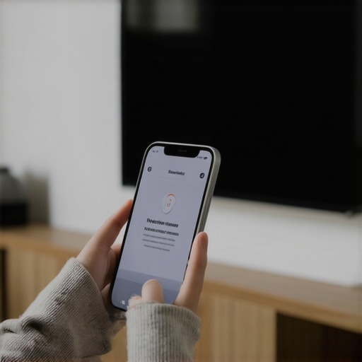Person performing firmware update on smart display using smartphone app in a modern home environment