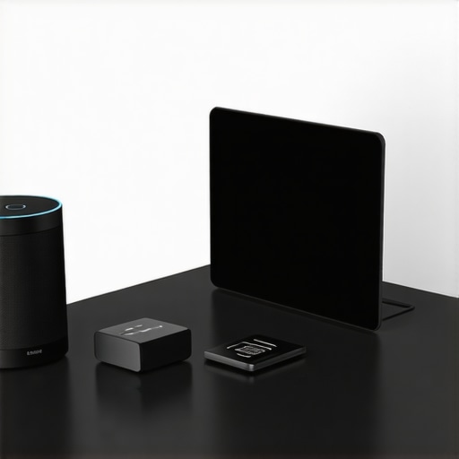 A contemporary living room with a smart speaker, display, and connected smart devices demonstrating a connected smart home environment.
