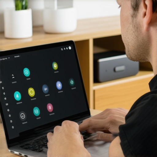 Person managing smart home devices on a computer, showing interface with device status and updates.