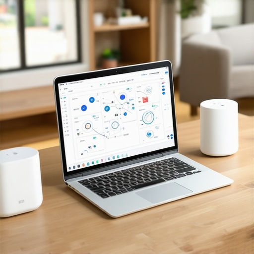 Person analyzing home network performance using a laptop to keep smart devices functional