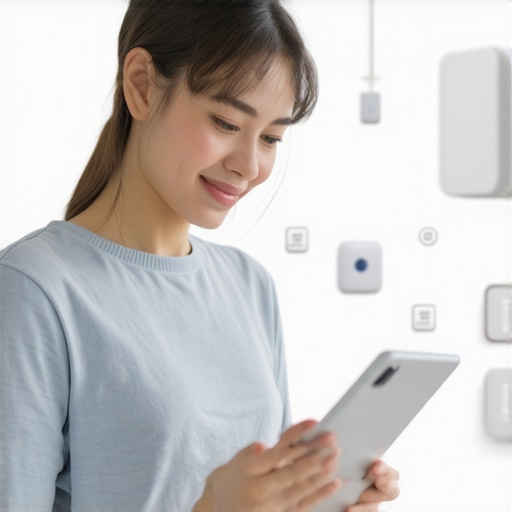 Person controlling smart home devices on a tablet with various gadgets around.