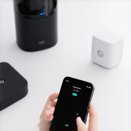 Person configuring smart home security devices with smartphone and gadgets.