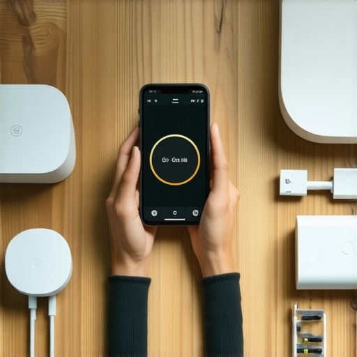 Person configuring smart home devices with smartphone and gadgets