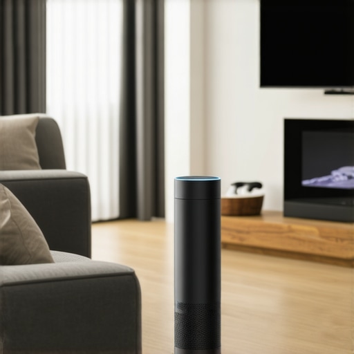A sleek living room with smart displays, voice assistants, and connected devices demonstrating smart home automation.