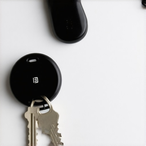 Person attaching a smart tracker to keys with a smartphone app in the background
