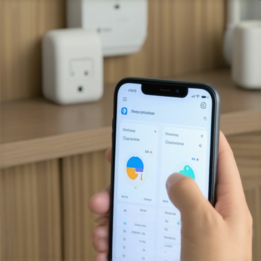 Person checking smart home energy data on a mobile device with connected appliances.