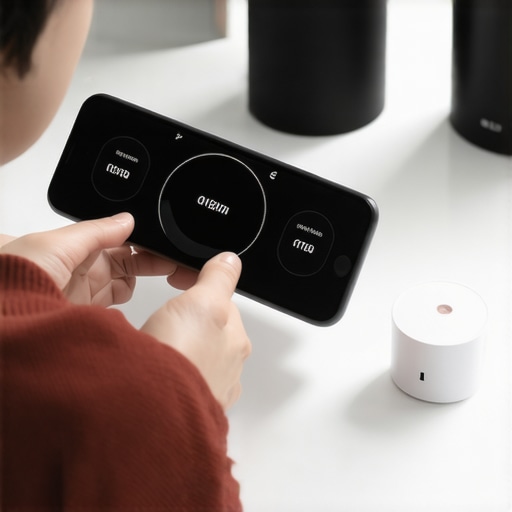 Person configuring various smart devices like speakers, plugs, and trackers for home automation.