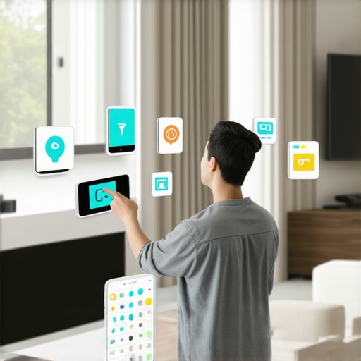 Person configuring smart trackers, displays, and plugs for home automation.