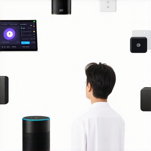 Person performing maintenance on smart home devices with tools and digital displays