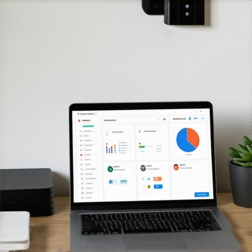 A technician's desk with a laptop showing smart home control dashboards surrounded by smart gadgets.