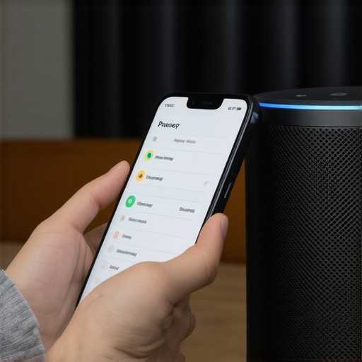 Person configuring privacy options on a smartphone app for a smart speaker with a physical privacy shutter visible.