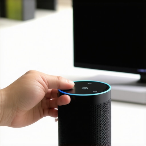 Person pressing physical mute button on a modern smart speaker in a home setting