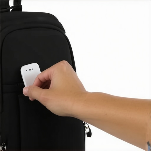 Person placing a small tracker inside a backpack compartment for effective object tracking.