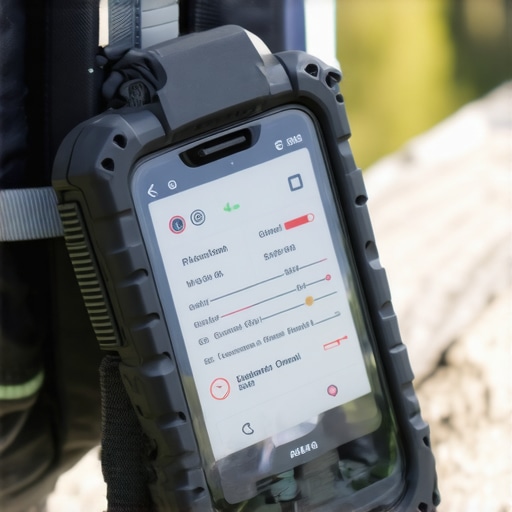 A durable smart tracker clipped onto a backpack strap in a natural setting