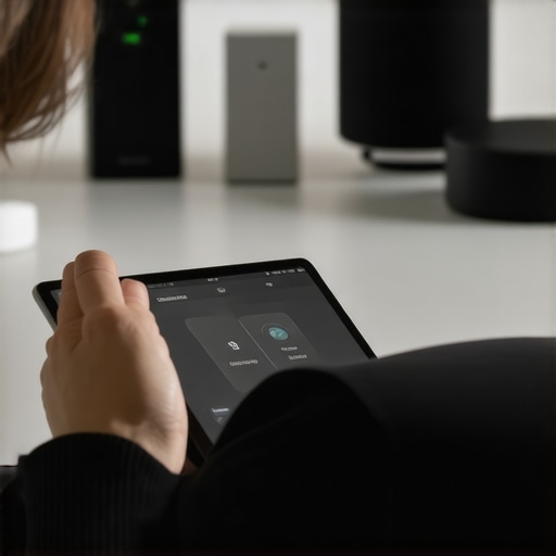 Person configuring smart home devices using a tablet, highlighting maintenance and management tools.