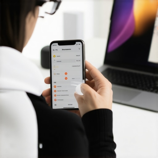 Person coordinating smart devices using mobile app and laptop, showcasing seamless smart home control.