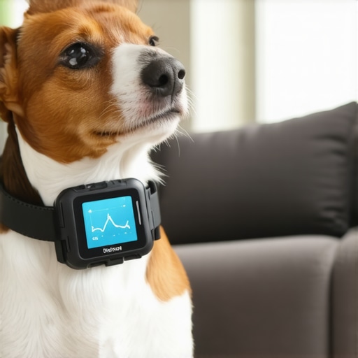 Dog with a smart tracker attached to its collar, displaying health metrics on a connected device.