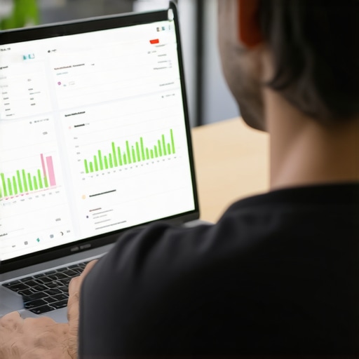 Person analyzing Wi-Fi coverage with NetSpot software in a modern smart home office.