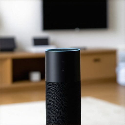 Smart speaker with visible microphone mute button in a cozy home environment.