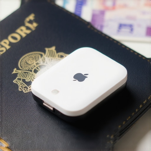 Slim smart tracker attached to a passport cover for travel security.