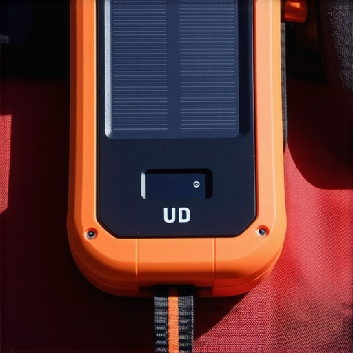 A rugged solar-powered smart tracker attached to a backpack with sunlight in the background