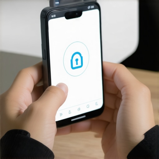 Person setting up a smart device with security icons