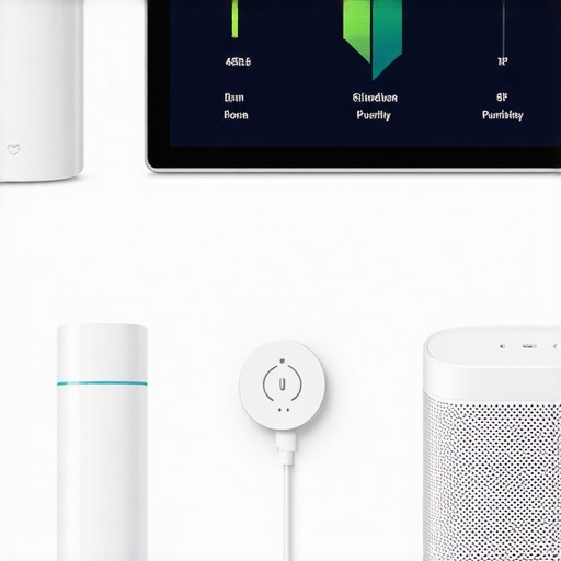 A sleek smart display showing real-time indoor air quality metrics, surrounded by sensors and smart plugs managing air purifiers.