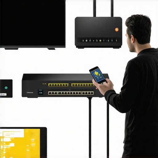 Person checking and maintaining smart home devices and network security.