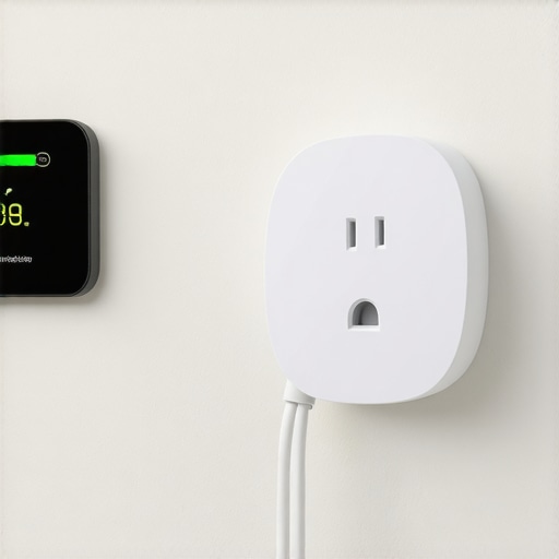 A smart plug plugged into a wall socket showing real-time energy consumption on its digital display.
